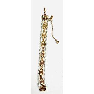 Vintage 70s Signed MONET Gold And White Chain Floral Bracelet Ensemble
